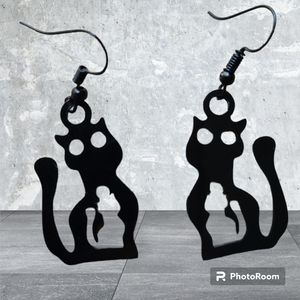 Stainless Steel Hollow Black Cat Earrings NIP